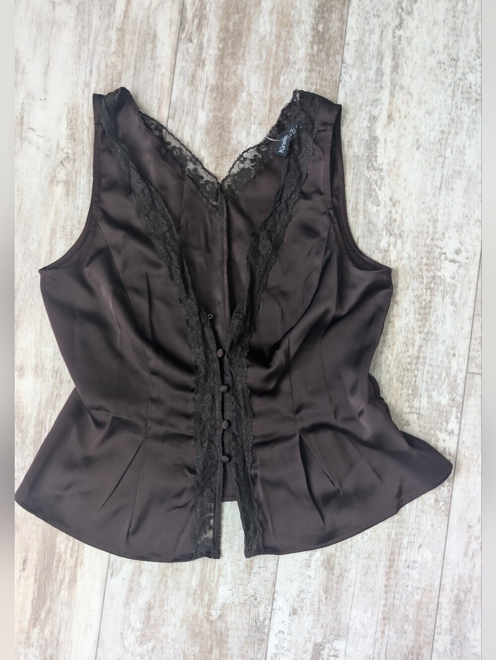 Silky Dark  Brown Lace-Trim Button Front Top Nwot